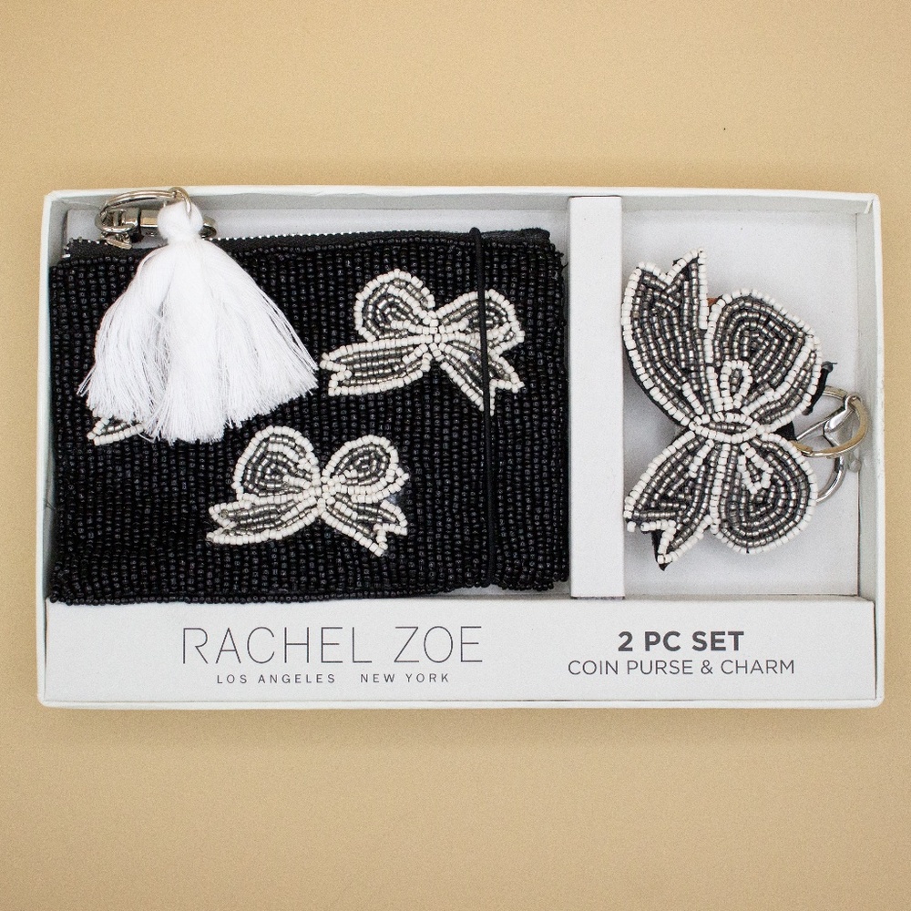 Rachel Zoe 2 Pc Set Beaded Black White Silver Bow Coin Purse & Charm